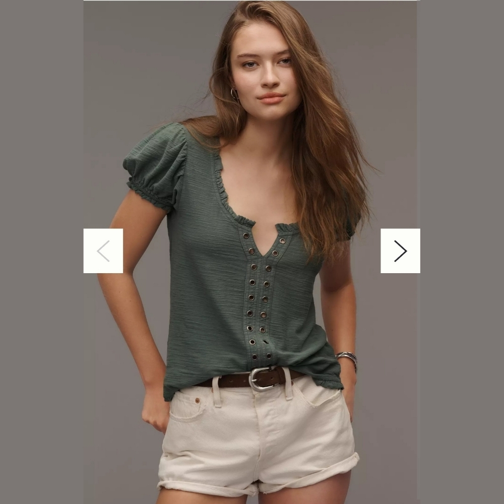 NWT Anthropologie Green Puff Sleeve Top